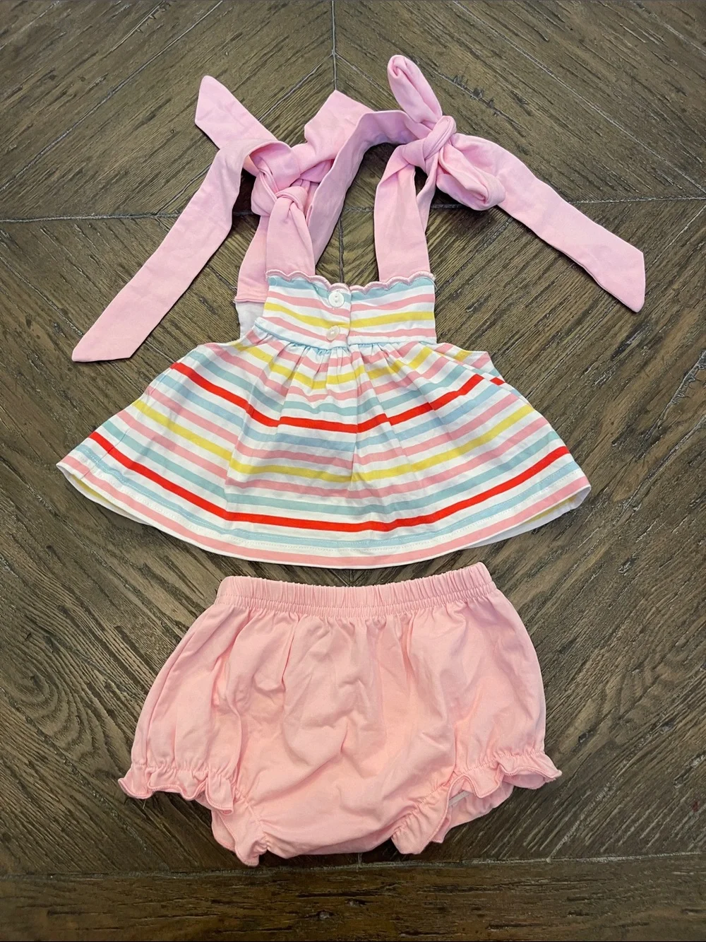 Sew Magnolia Pink Tie-Shoulder Striped Flower Bloomer Set